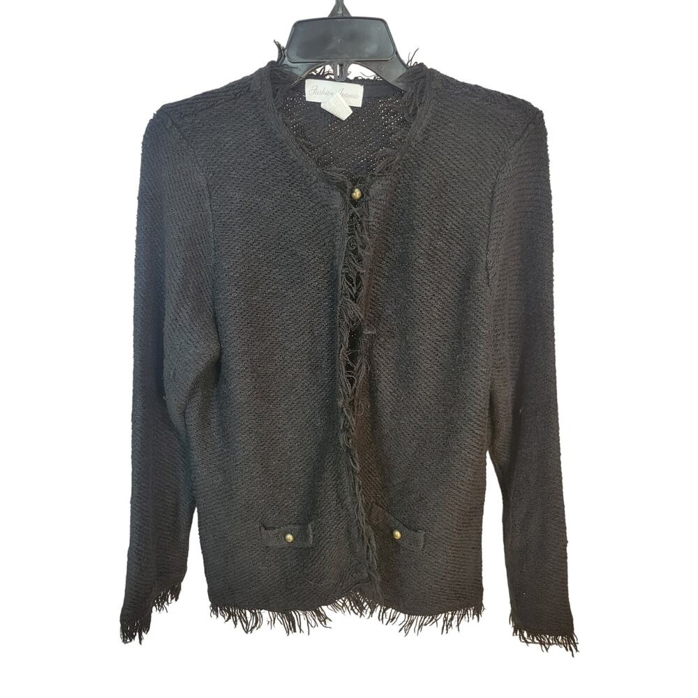 Fashion Avenue Black Knit Fringe Faux Pockets Cardigan Sweater‎ Womens Size XL